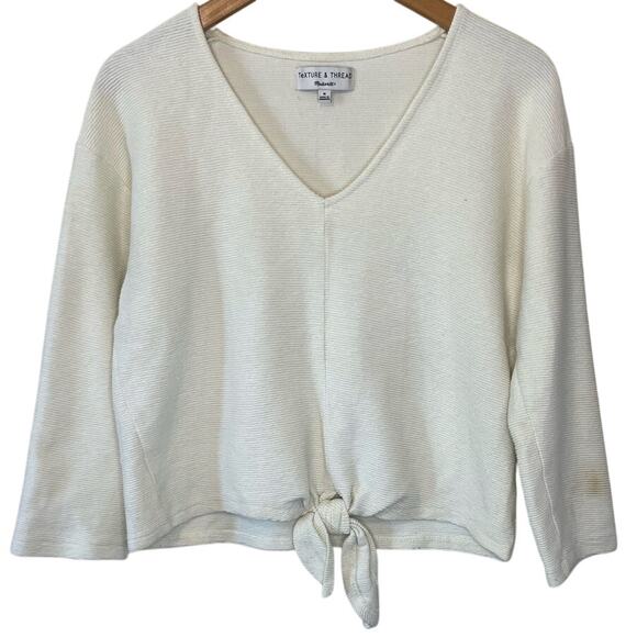 Texture & Thread Madewell Cream Ribbed V Neck Long Sleeve Tie Front Cotton Top M - Picture 1 of 10